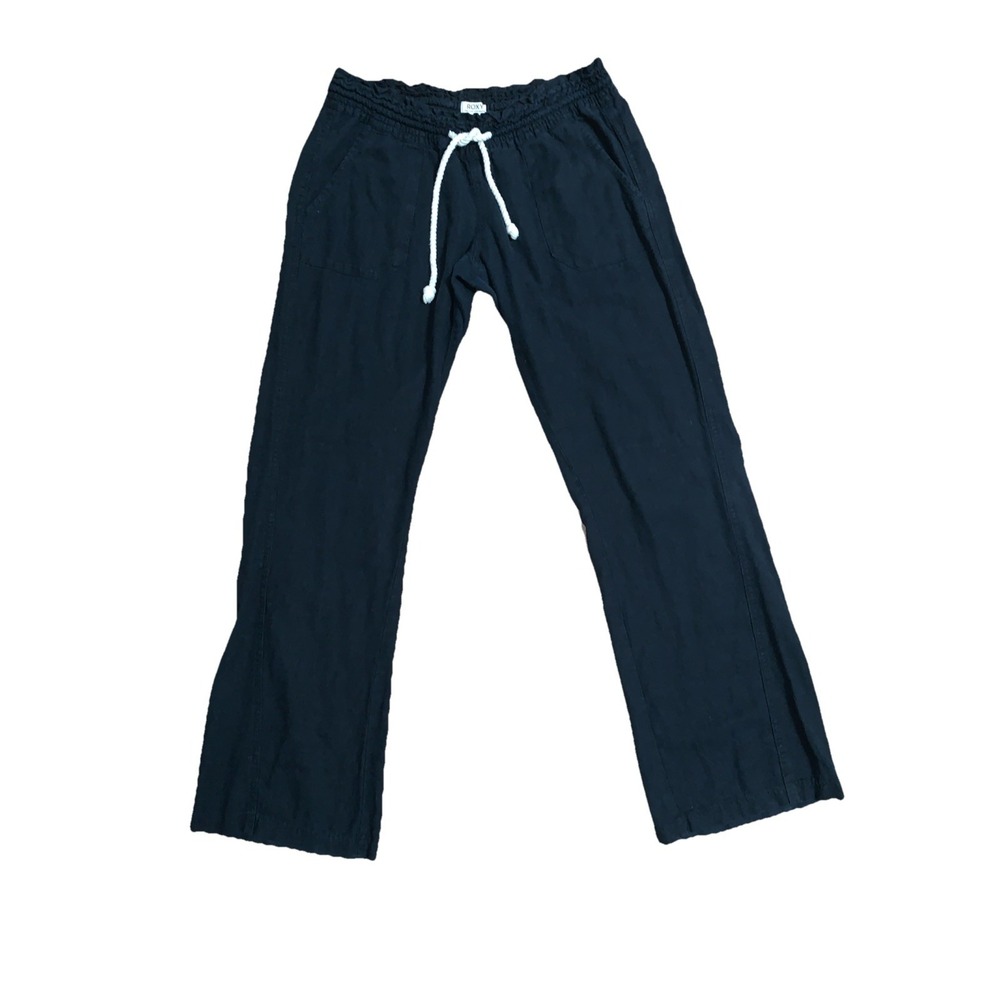 Roxy Oceanside Women's‎ M Black Linen Blend Pants Drawstring Beach Resortwear